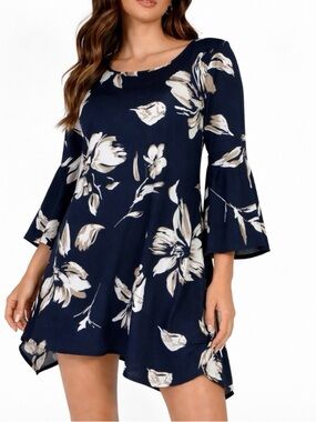 White Mark Navy Floral Mini Dress with White and Tan Print trumpet sleeve SZ M
